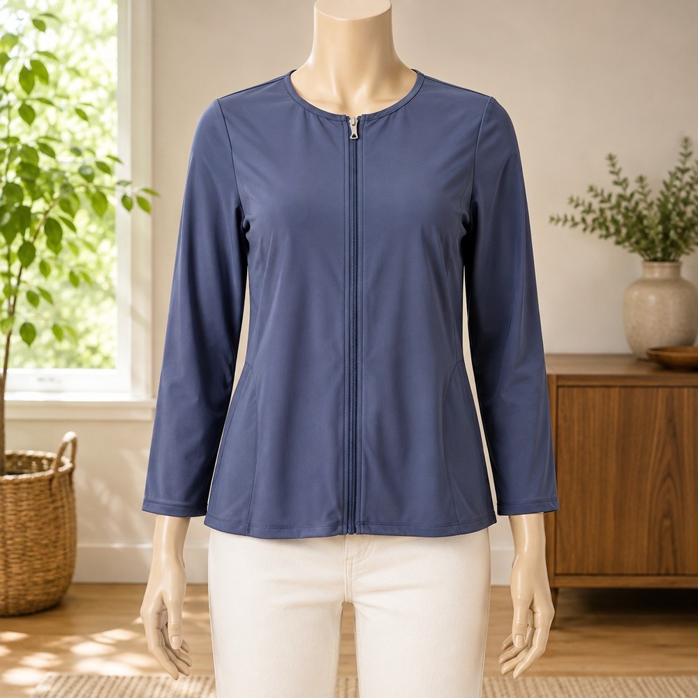 Denim & Co. Beach Zip Front Swim Cover Up Womens 2X Navy Blue Long Sleeve Top
